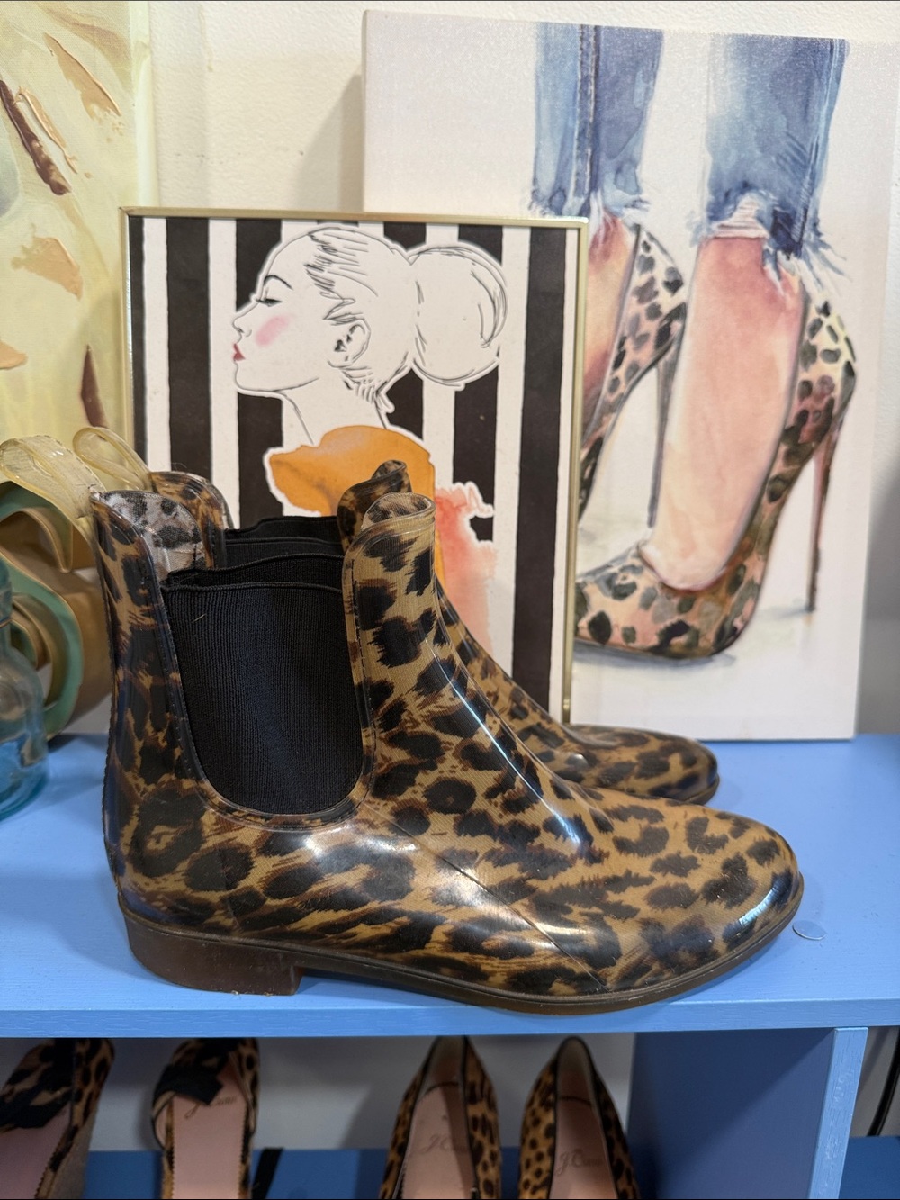 J CREW brown cheetah print short rain boots